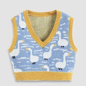Blue Goose Pattern Knit Sweater Vest with Mustard Trim